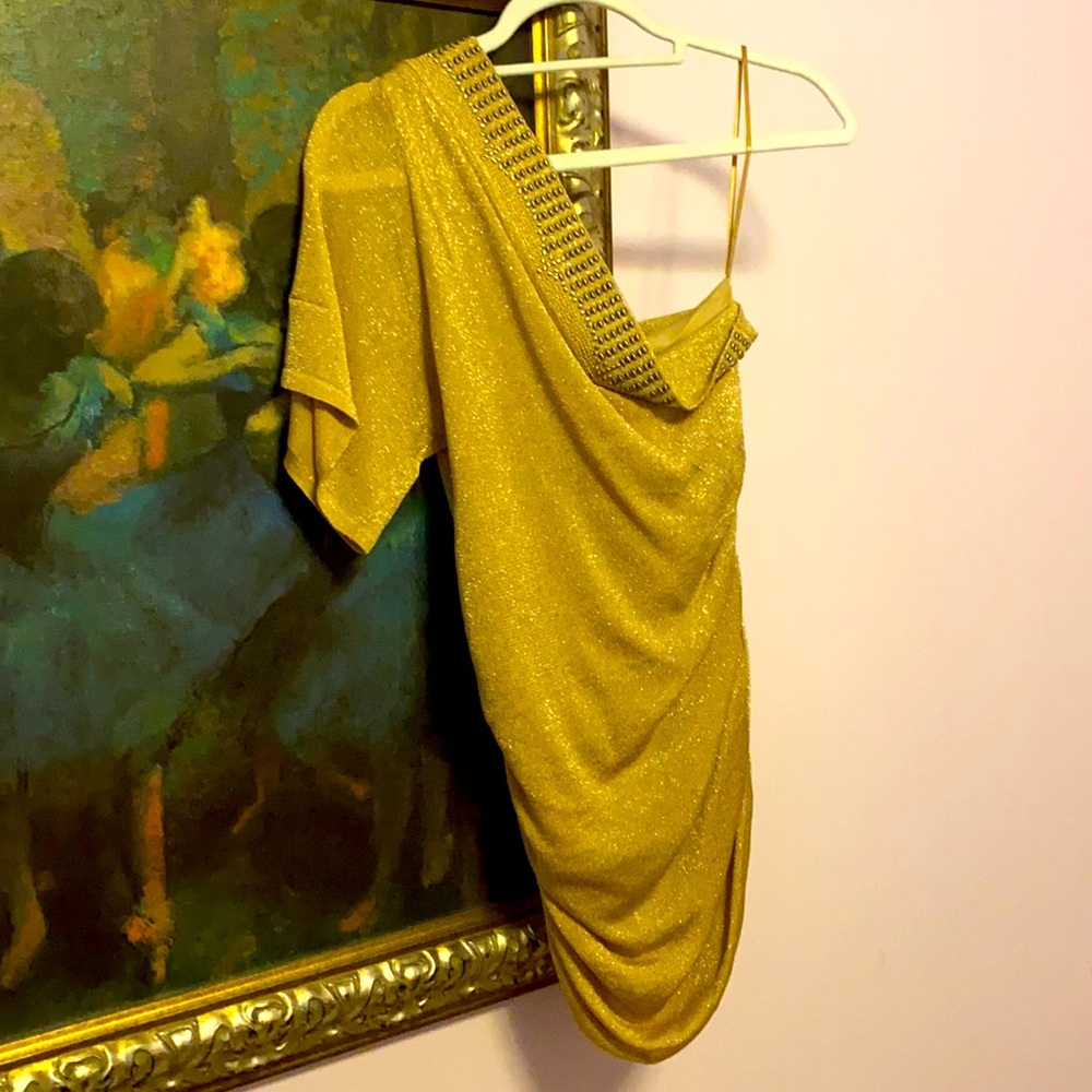 Vintage Cache One shoulder, gold shimmery top